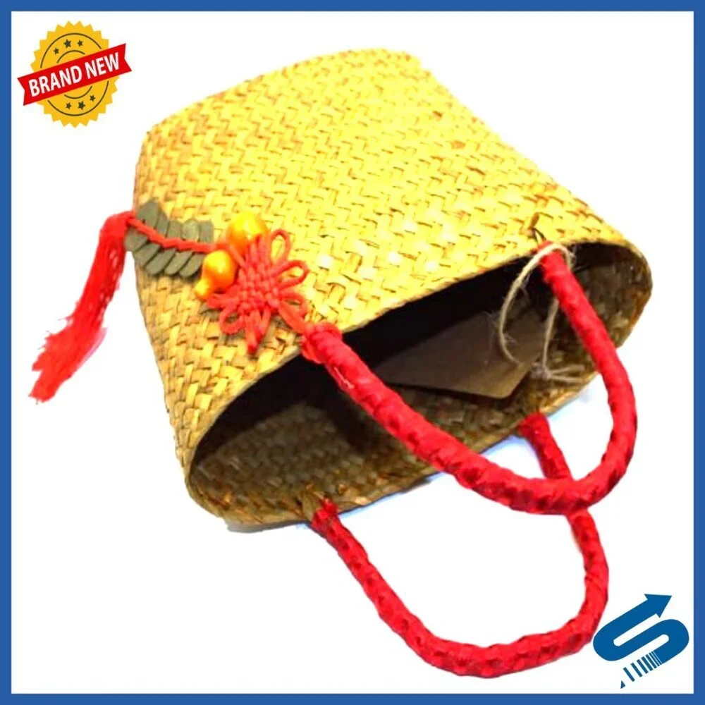 Handwoven Straw Tote Bag Elegant Boho Chic Silk Ribbon Handle Traditional